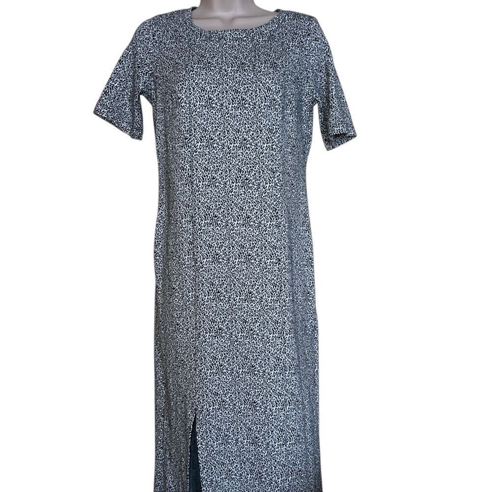 LOFT Black and White Zip Up Side slid Sheath Midi Dress Crew Neck